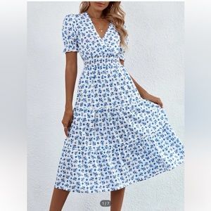 Floral Blue and White Midi Dress